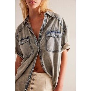 Free People We the Free Short of It Denim Shirt Tunic Top Buttondown S 285564